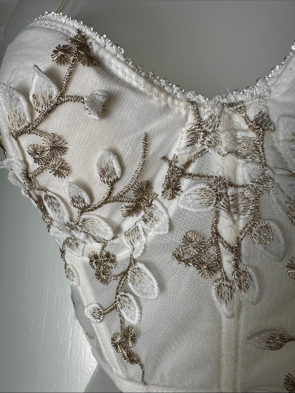 White Embroidered Longline Bustier/Bralette with Gold Floral Detail - Picture 2 of 6